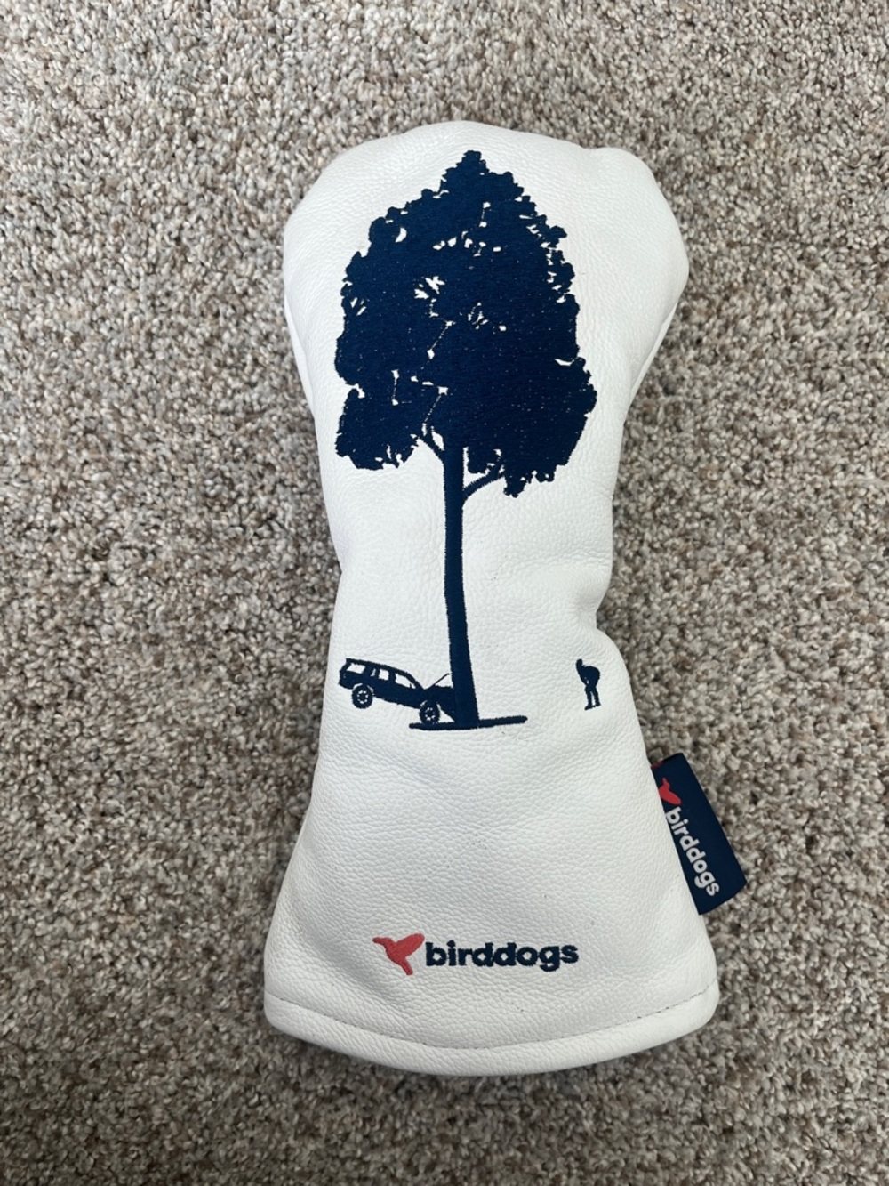 Birddogs White Leather Driver Headcover with Navy Tree and Car Motif